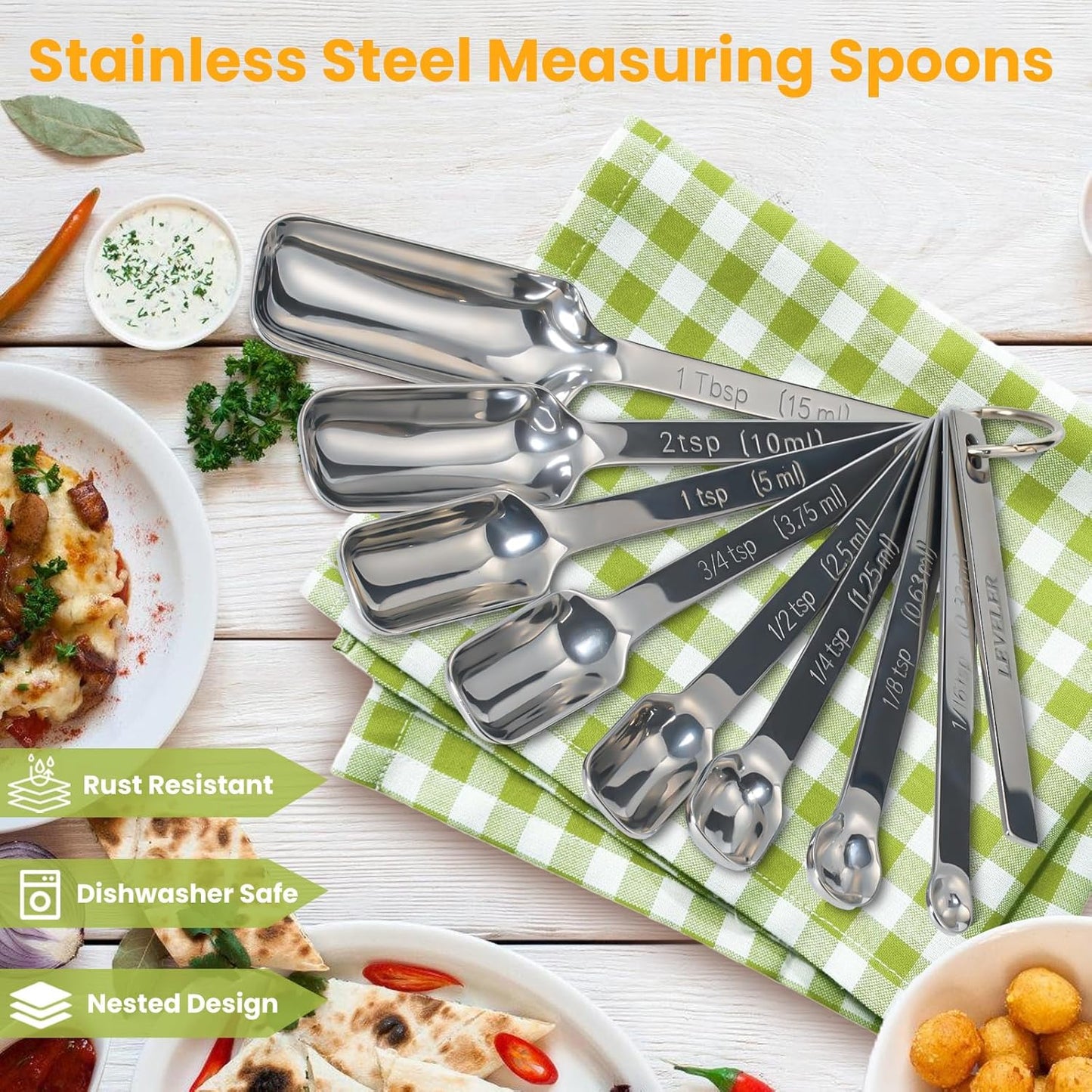 9 Pcs Measuring Spoons Set with Leveler, Metal Teaspoon & Tablespoon Measuring Spoons for Cooking & Baking, Fits in Spice Jars, Kitchen Gadgets for Dry & Liquid Ingredients