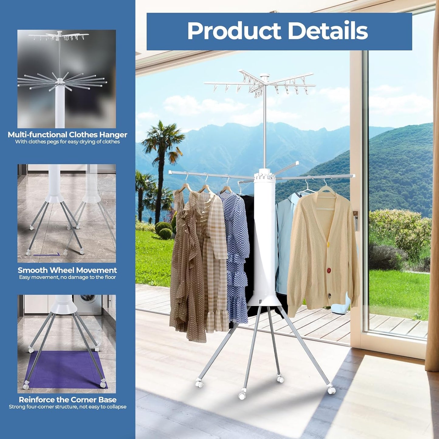 GCCSJ 4-Legged 2 Tier Folding Portable Octopus Style Clothes Drying Rack with Wheels,Laundry Drying Rack Collapsible for Indoor Outdoor Use