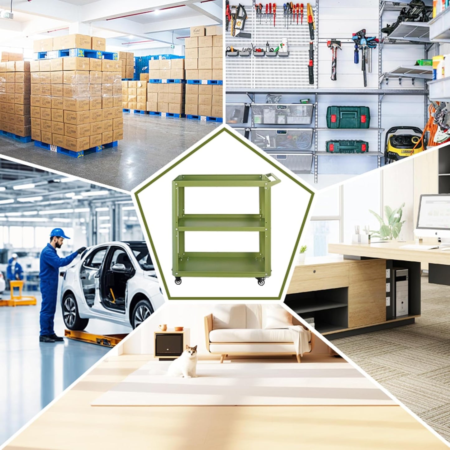 3 Tier Rolling Tool Cart with Lockable Silent Wheels, 330 LBS Capacity, Metal Service Cart for Home, Garage, Warehouse, Workshop