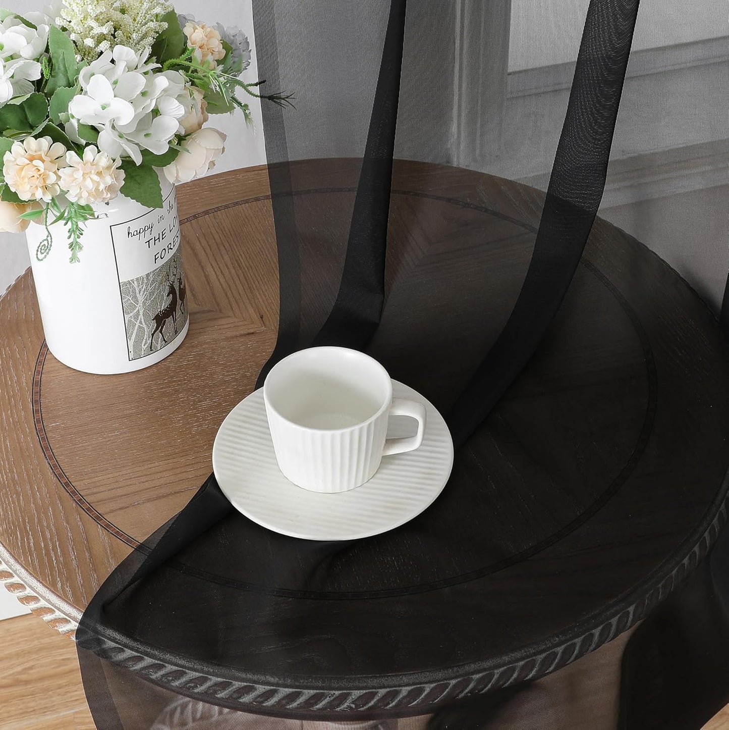 Chyhomenyc Black Sheer Window Curtain Panels 63 Inches Length, 2 Pieces, Voile Top Dual Rod Pockets Light Filtering Airy Trendy Drapes Window Treatment for Living Room/Bedroom, 42Wx63L