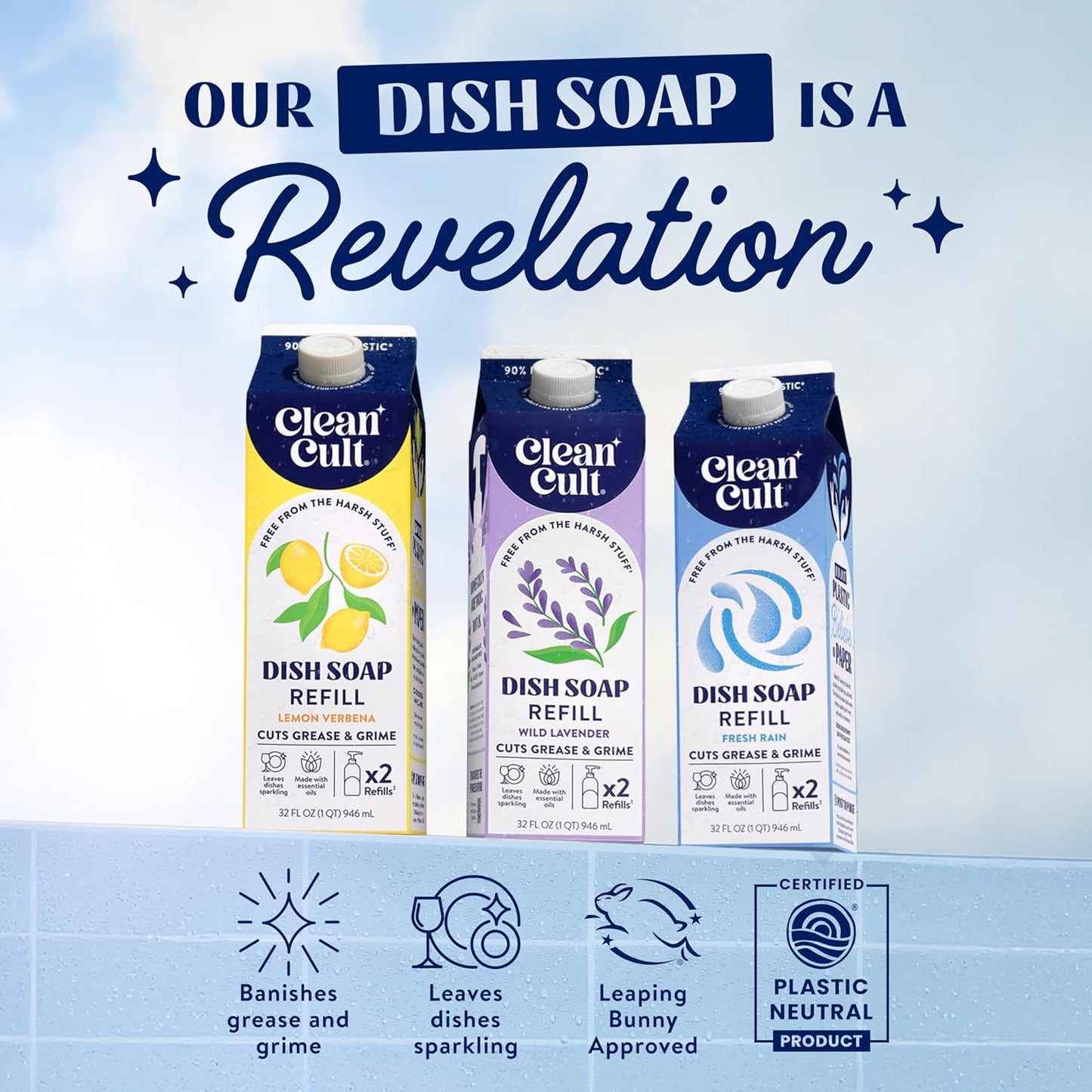 Cleancult Dish Soap Liquid Refill (32oz, 3 Pack) - Plant Based Cleaning Power - Dish Soap that Cuts Grease & Grime - Free of Harsh Chemicals - Uses 90% Less Plastic - Fresh Rain