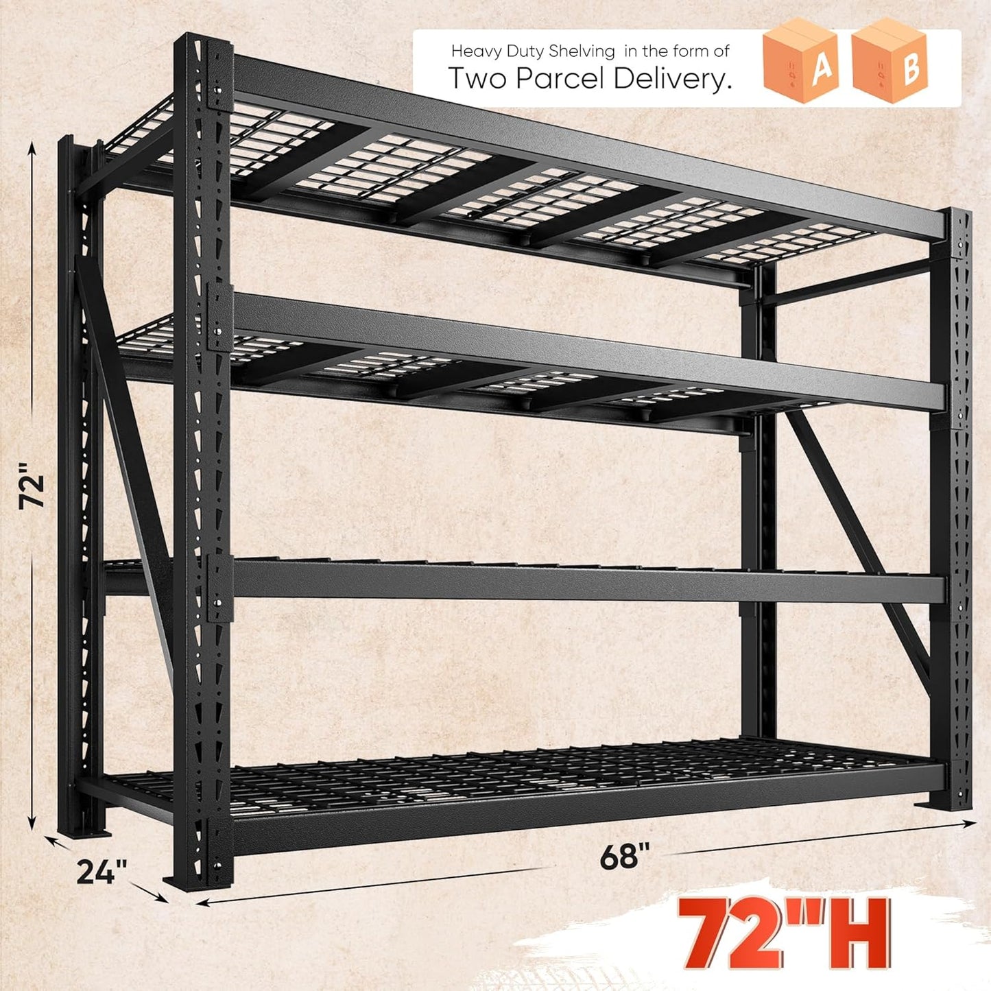 Bepatio 9400LBS Storage Shelves Heavy Duty Garage Shelving 67.6''W 4 Tier Adjustable Metal Shelving Unit, Steel Industrial Shelf for Warehouse Basement Commercial, 67.6''Wx23.7''Dx72''H, Black