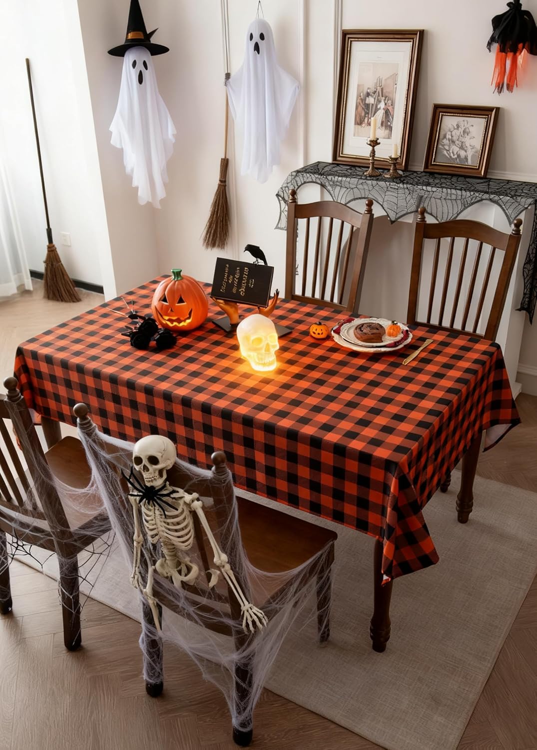 Orange Gingham Tablecloth Fabric - Oblong 58x120 Water Resistant Autumn Plaid Table Cloth for Indoor/Outdoor Use - Fall Tabletop Cover for Birthday, Picnics, Gardens, and Halloween Party