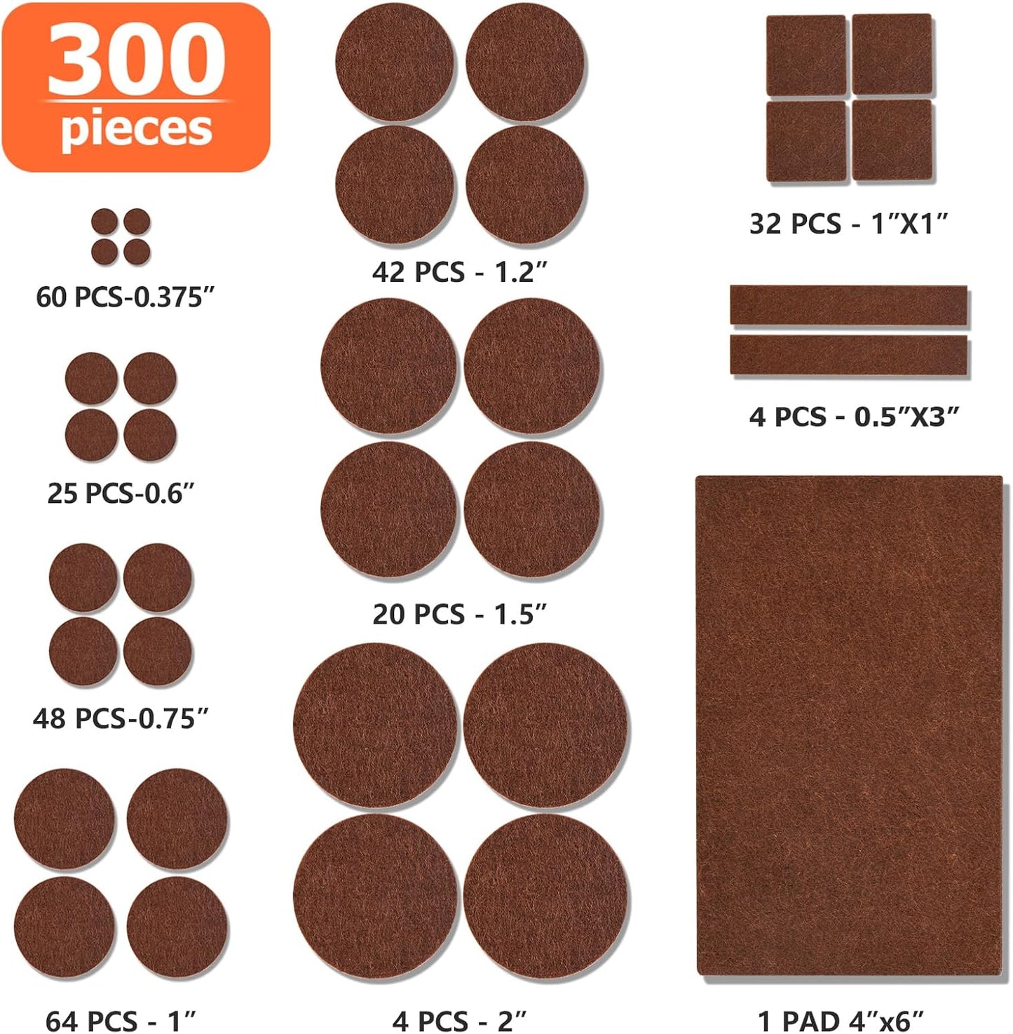 Felt Furniture Pads 300 Pieces, Furniture Pads for Hardwood Floors, Floor Protectors for Furniture Legs, Felt Pads for Furniture, Floor Savers for Furniture Brown