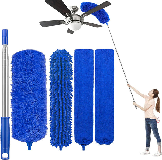 Microfiber Feather Duster 5-in-1 Kit for Dusting and Cleaning – 30–100" Extension Pole, Anti-Slip Grip, Bendable Washable Heads for Ceiling Fan, Furniture, Car (Blue)