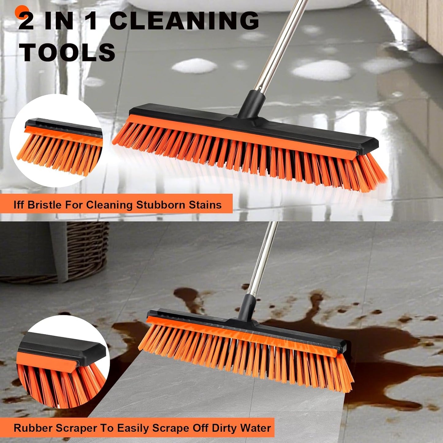 18" Push Broom Outdoor with Rubber Squeegee,Heavy Duty Broom Brush with Handle,Stiff Bristles for Patios and Deck Dirt Garage Warehouse Driveway Concrete Floor Cleaning Scrubbing