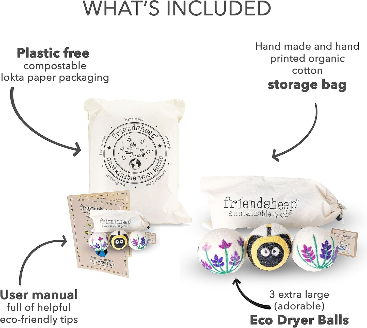 Friendsheep Wool Dryer Balls, Organic Reusable Fabric Softener Alternative for Laundry, Handmade, Fair Trade, Hypoallergenic, Eco-Friendly, Plastic-Free (3 Pack XL – Lavender Fields Bee Flower)