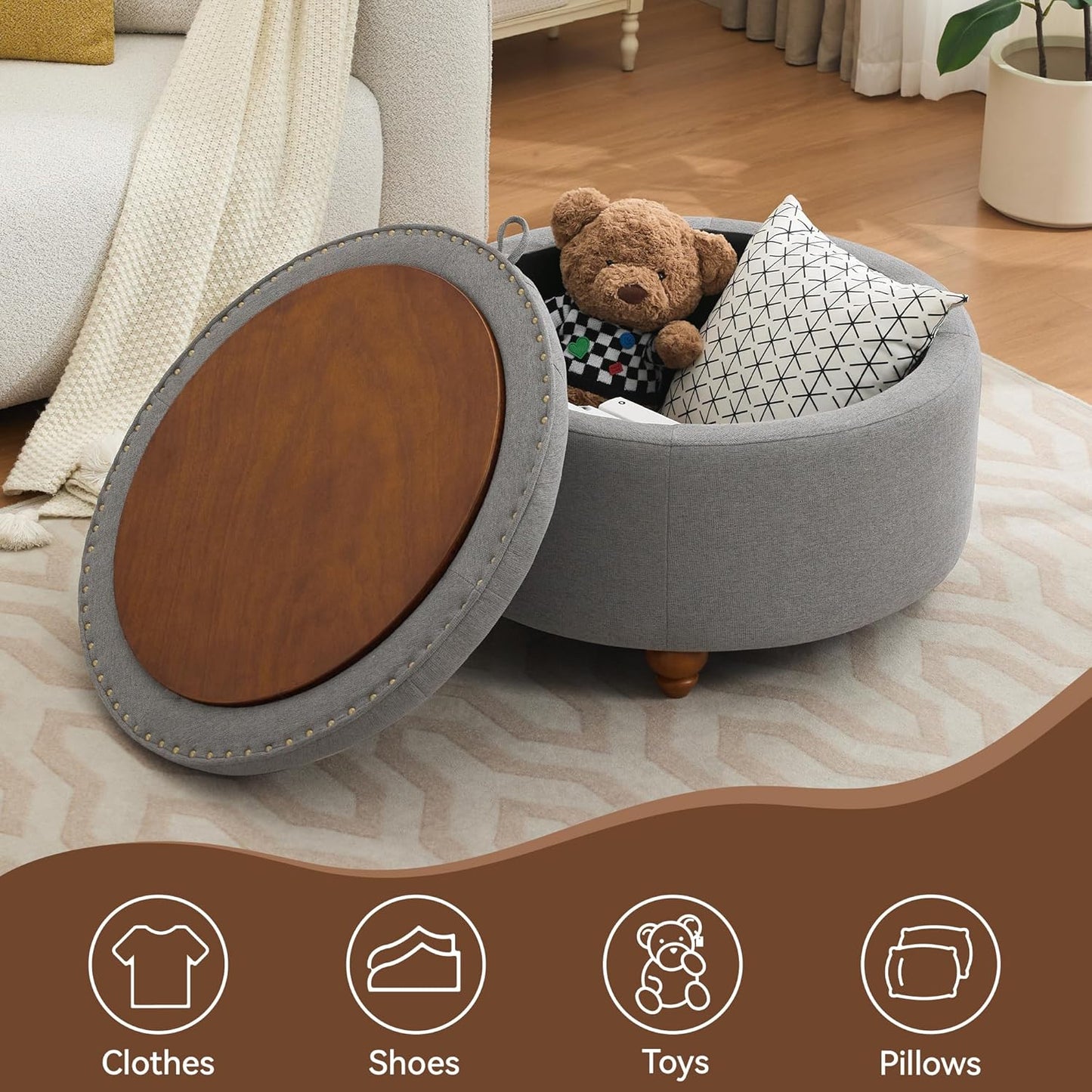 30Inch Round Storage Ottoman with Tray, Modern Tufted Fabric Circle Coffee Table with Storage, Upholstered Ottoman with Removable Top for Living Room, Bedroom, Light Grey