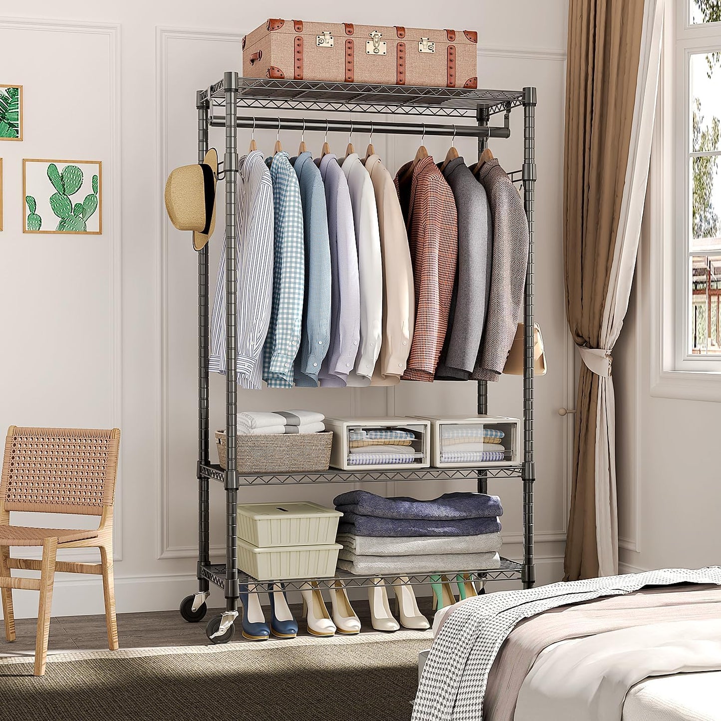 Heavy Duty Rolling Garment Rack 3 Tiers Adjustable Wire Shelving Clothes Rack with Rods and Side Hooks,Storage Closet Clothing Rack with Wheels Black 15.7" D x 29.5" W x 74.5" H