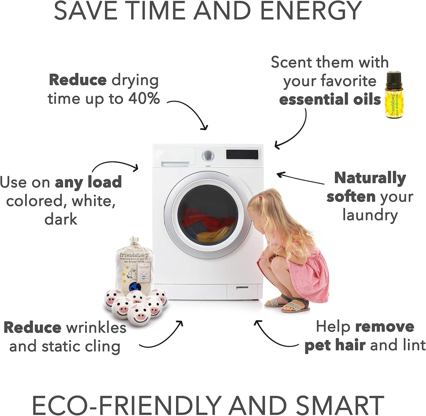 Friendsheep Wool Dryer Balls 6 Pack XL Organic Premium Reusable Cruelty Free Handmade Fair Trade No Lint Fabric Softener Pig - Piggy Band