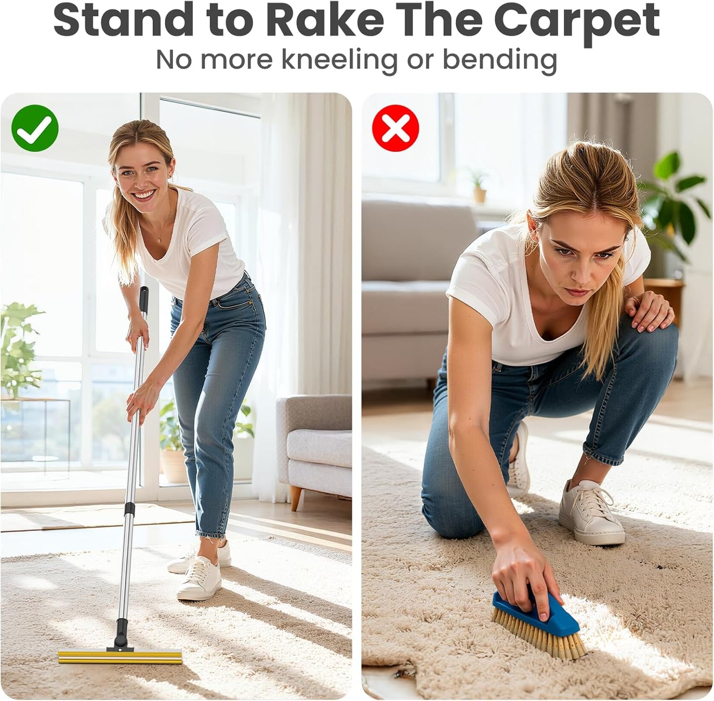 3 in 1 Carpet Rake for Pet Hair Removal, Tool Set of 3, 55” Long Handle Carpet Pet Hair Removal Carpet Scraper Dog Cat Hair Remover for Sofa, Couch, Car, Rug (Black)