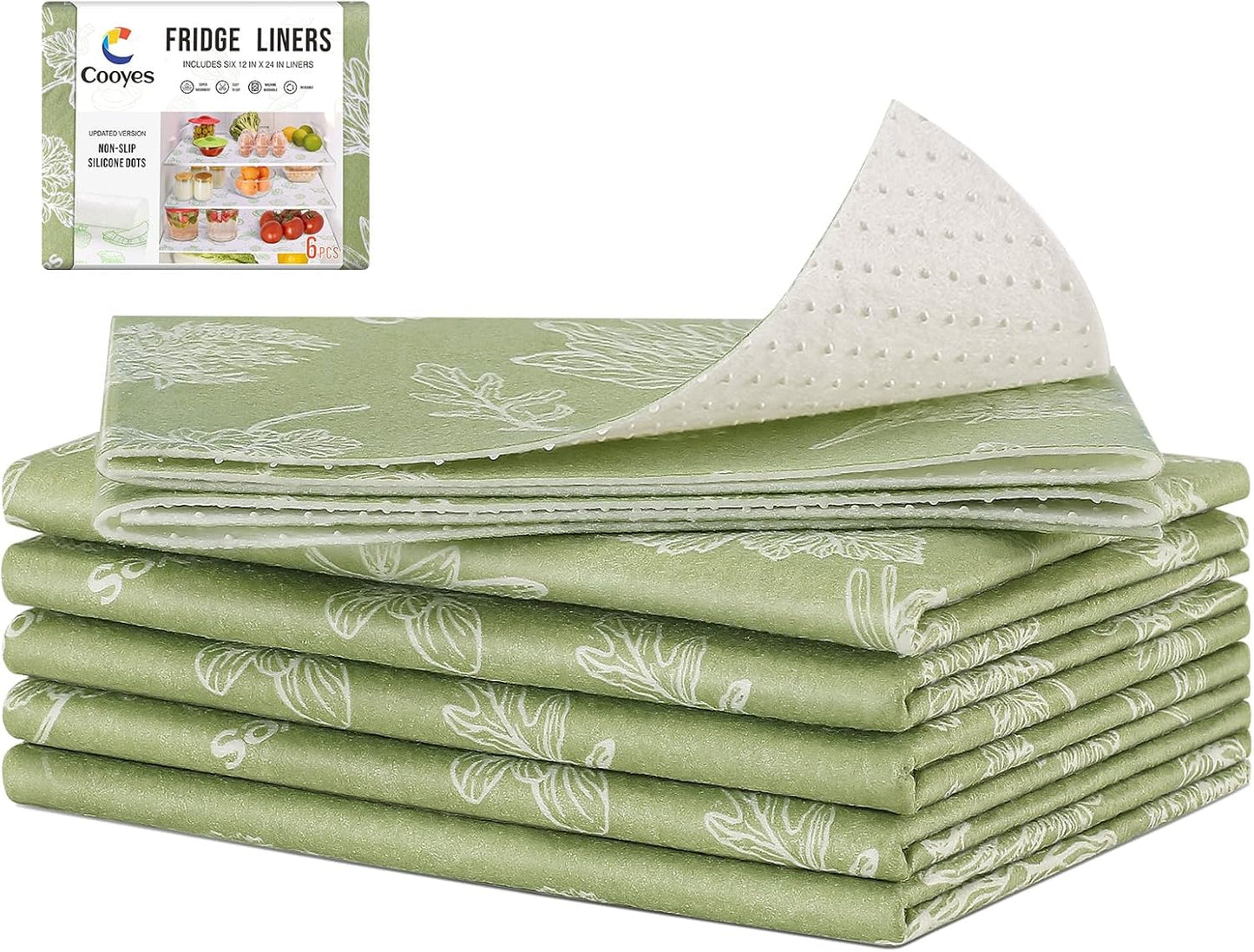 Cooyes Shelf Liner for Refrigerator & Drawer, Non-Adhesive Cabinets Liner for Kitchen Cupboard & Fridge, Breathable Cloth Material, Vegetable-Patterned, 6 Pack 12“ × 24”, Sage Green