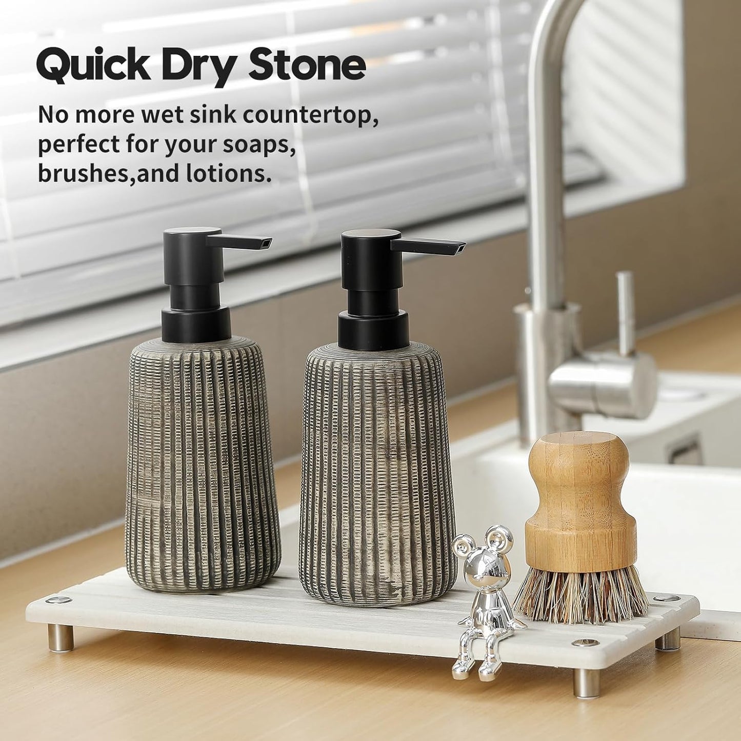 Instant Dry Sink Caddy Kitchen Sink Organizer, Quick Drying Stone Tray Diatomite Sponge Holder Soap Dish, Bathroom Countertop Fast Dry Water Absorbing Vanity Rack, Beige,12" x 5"