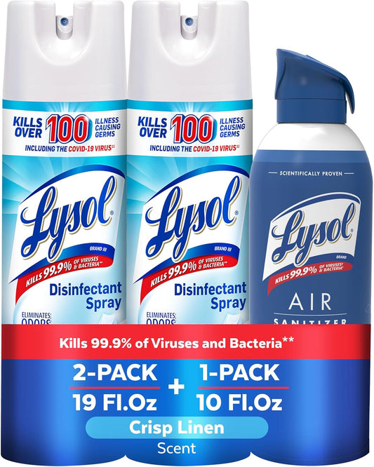 Lysol Bundle containing x2 Lysol Disinfectant Spray for Hard and Soft Surfaces, Crisp Linen, 19 Fl. Oz + Lysol Air Sanitizer Spray, For Air Sanitization and Odor Elimination, White Linen, 10 Fl. Oz