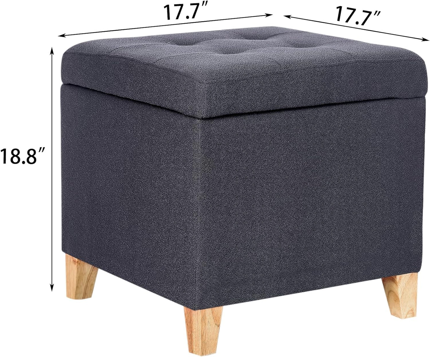 Adeco Fabric Storage Ottoman Bench with Solid Wood Legs, 17.7" Square Dark Grey Cotton Linen Cube Foot Stool, Upholstered Button Tufted Vanity Chair with Hinged Lid for Living Room, Bedroom, Dorm
