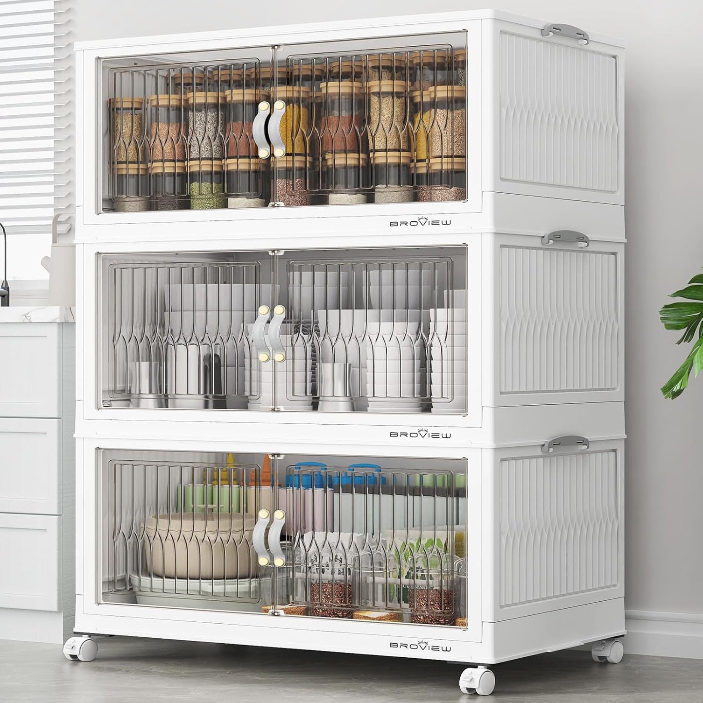 BROVIEW 360Qt Stackable Storage Bins with Lid, Extra Large Closet Organizer Collapsible Drawer Boxes with Wheels, Folding Plastic Cabinet Containers for Home Kitchen Room Organization, 3Pack White