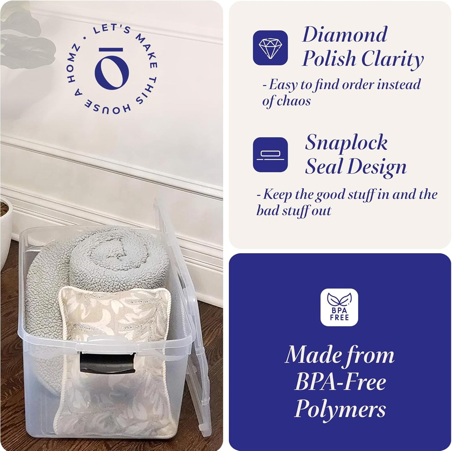 HOMZ 2-Pack Latching Lid, Large Clear Plastic Storage Bins with Lids, 66 Quart, Gray Latch - Stackable Container Boxes for Home, Bathroom, and Office Organization