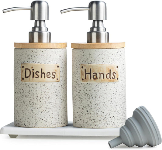 Kitchen Soap Dispenser Set, Ceramic Hand and Dish Soap Dispenser Set with Tray Collapsible Funnel, Hand Soap and Lotion Dispenser for Bathroom, White Bathroom Accessories