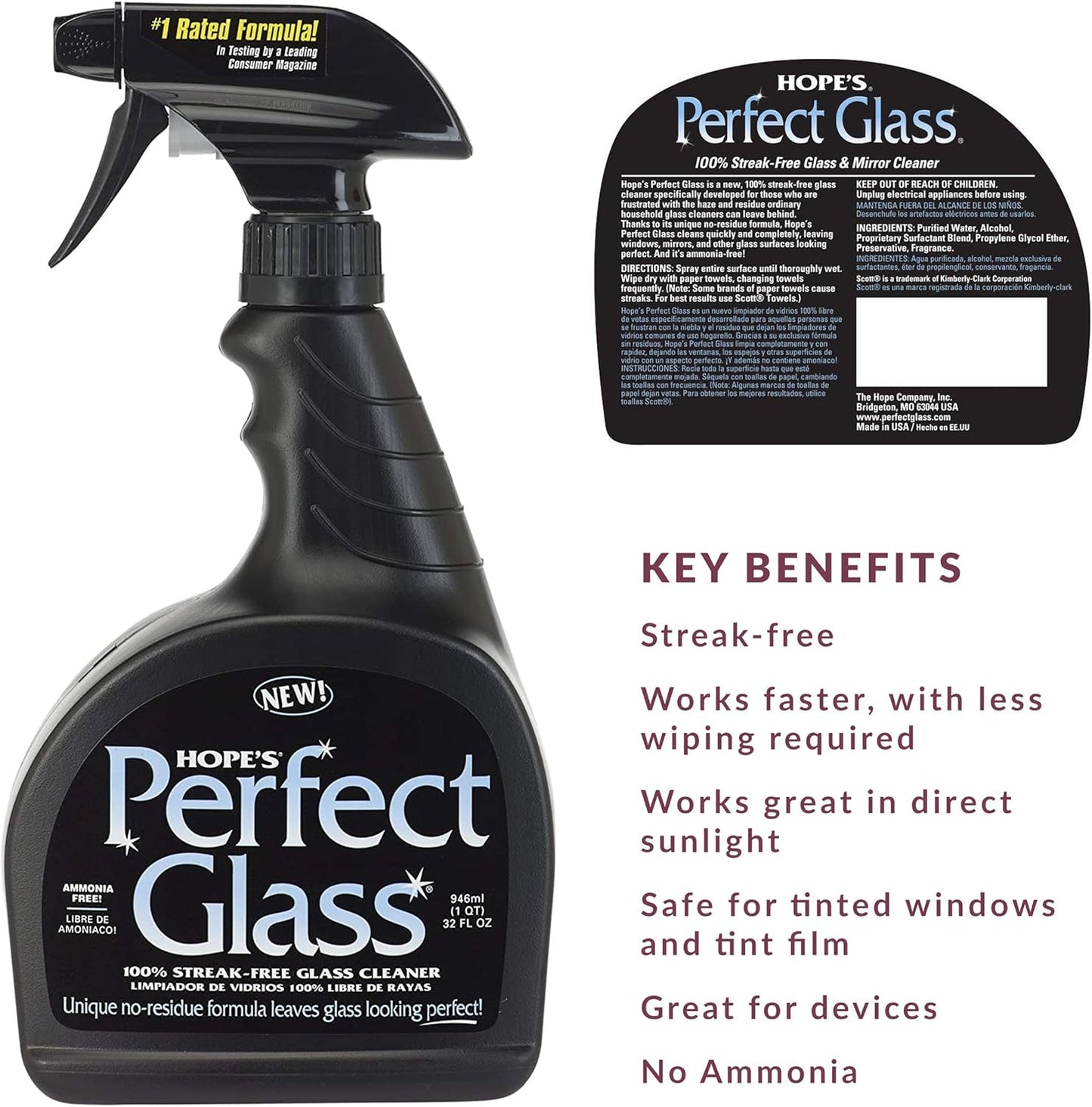 HOPE'S Perfect Glass Cleaner, Streak-Free, Ammonia-Free Window, Mirror, Screen, and Shower Door Cleaner, Indoor and Outdoor Glass Surfaces, 32 Fl Oz Spray Bottle and 67.6 Fl Oz Refill, Pack of 4