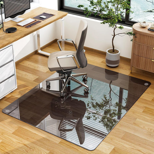 GLSLAND 46" × 55" [Tempered Glass] Chair Mat – Durable Office Chair Mat on Carpet with 0.2" Thickness, 4 Non‑Slip Pads, Sleek & Sturdy Matte Gray Finish, Smooth Glide & Easy Clean, Blue & Grey