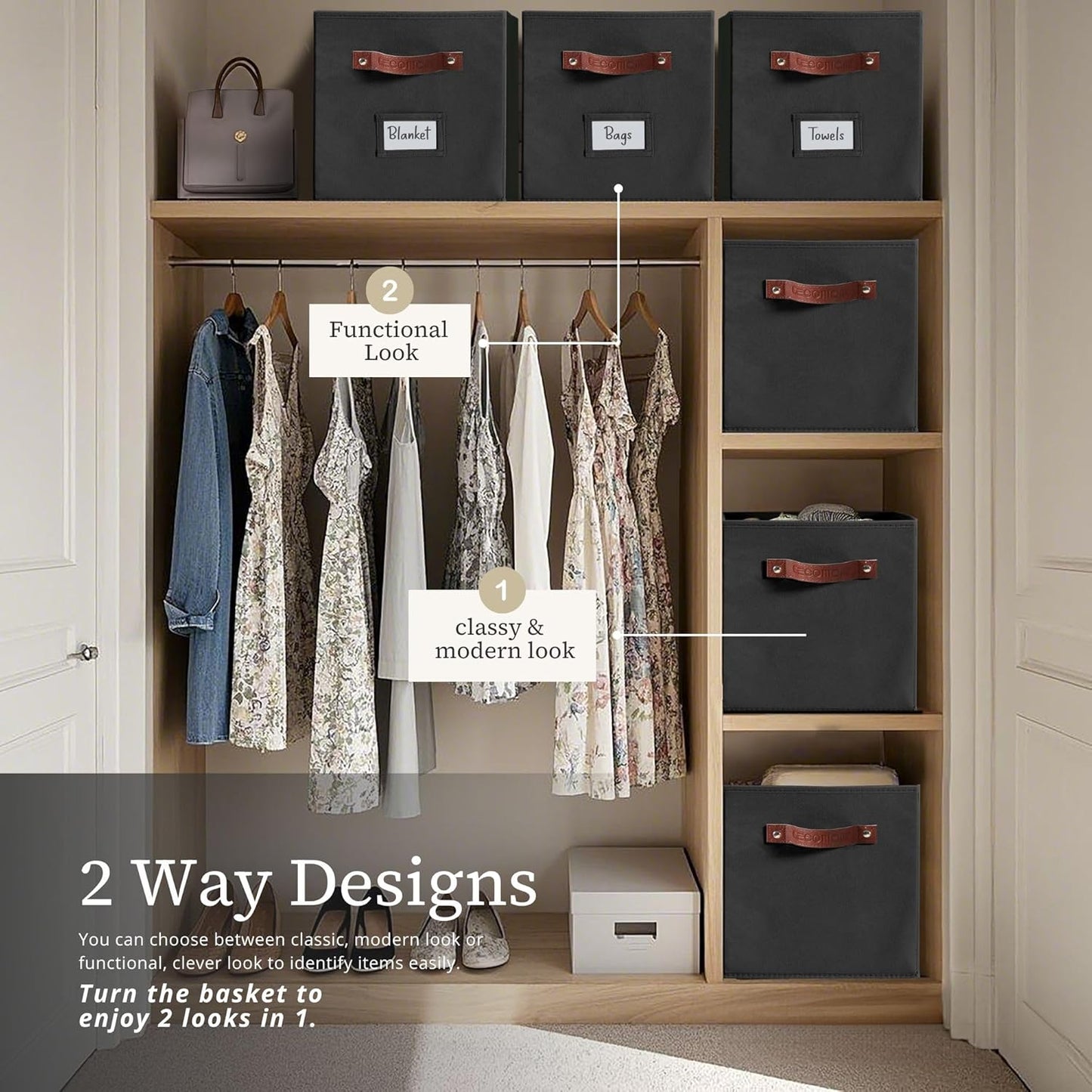 DECOMOMO Storage Cubes, 13x13x13 Storage Cube Bins with Labels, Fabric Organizer Bins (13" / 6pcs, Black)