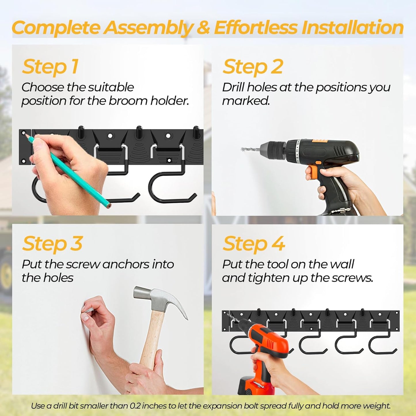 34 Inch Garden Tool Organizer Wall Mount with Non Slip Rubber Coated Metal Hooks, Storage Rack for Indoor/Outdoor Shovel, Rake, Mop and Broom Holder Wall Mount （ 10 Hooks+10 Holders