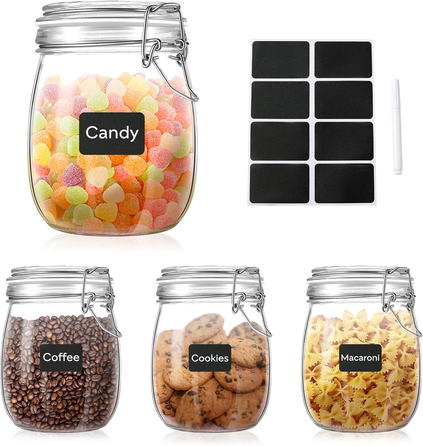 Glass Food Storage Jars with Airtight Lids 25 oz Round 4 Pack Kitchen Storage Containers Cabinet Canisters Sealed Pot Canning for Pasta, Cereal, Coffee, Beans, Spice
