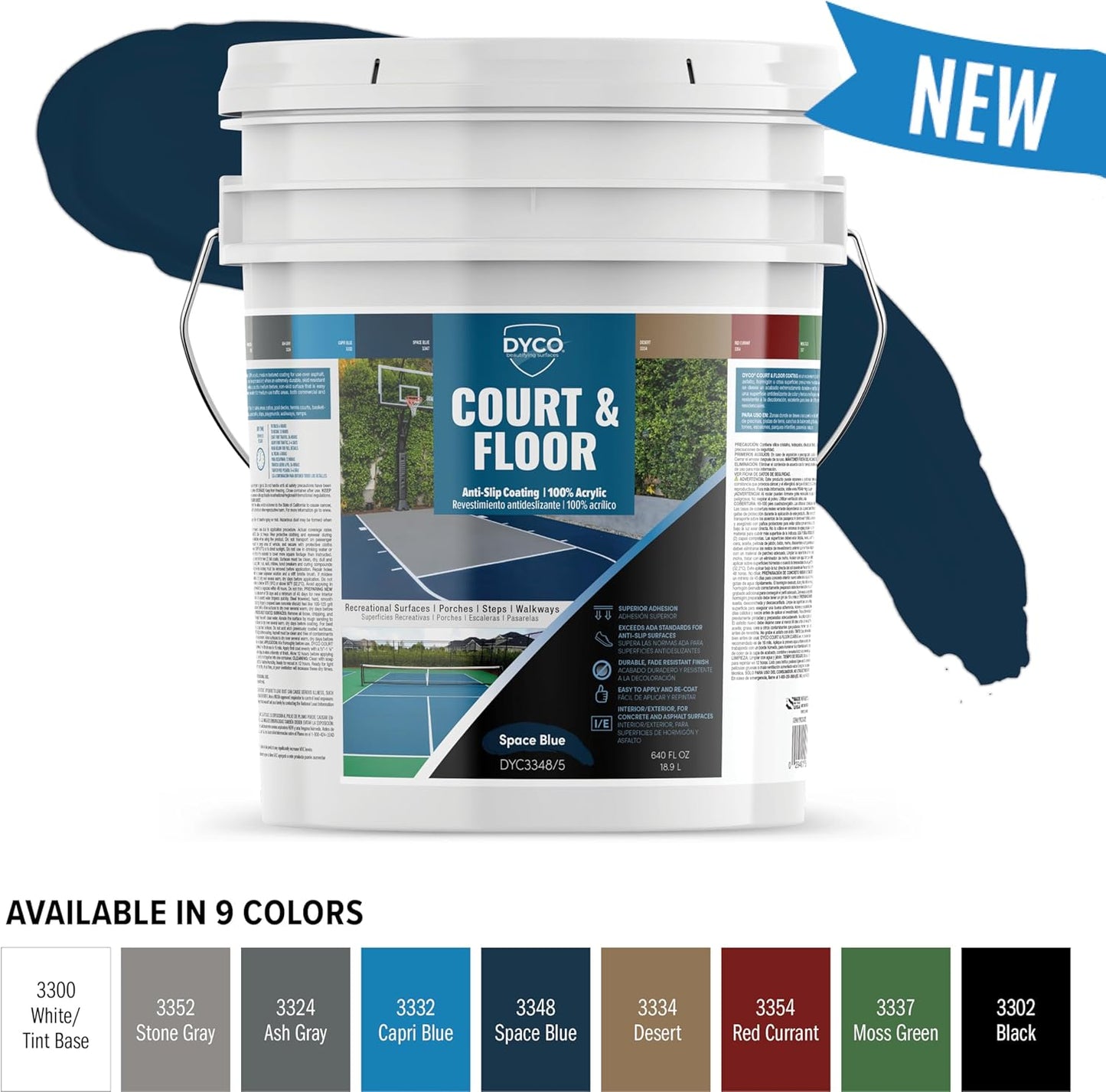 DYCO Court & Floor Anti-Slip Coating - Slip-Resistant Pavement, Cement & Concrete Paint for Pickleball, Tennis & Basketball Courts, Exceeds ADA Standards for Safety Areas (Space Blue, 5 Gallons)