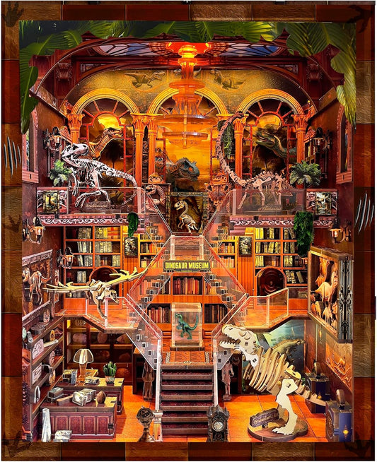 Book Nook Kit for Adults - DIY Dinosaur Museum Booknook, 3D Wooden Dollhouse Puzzle with LED Lights, Miniature Bookshelf Decor for Home Libraries