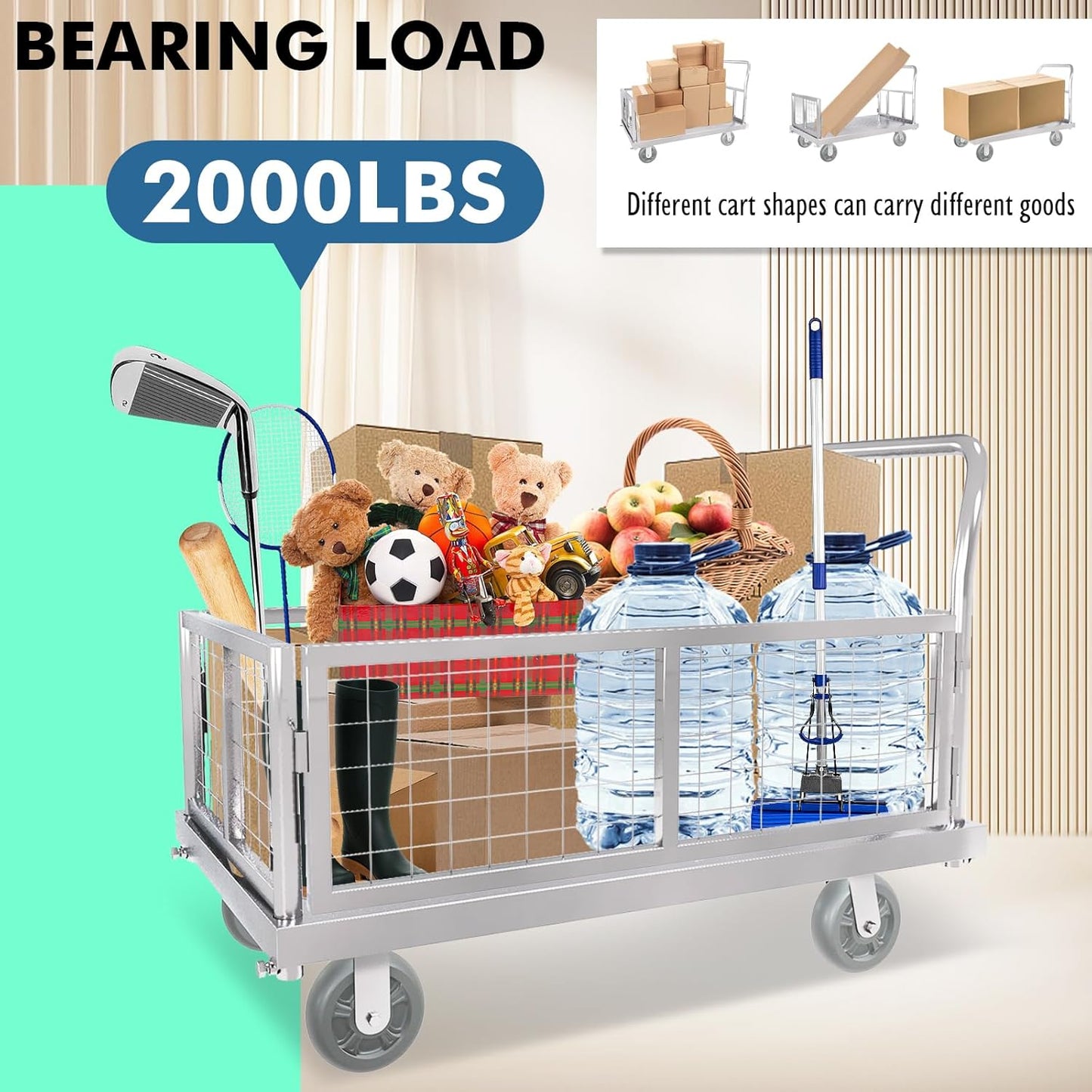 4-in-1 Platform Truck Cart with Cage, Multi-Purpose Heavy Duty Steel Flatbed Cart with 2200lbs Capacity Platform Hand Truck 6" Wheels Push Cart Dolly for Groceries, Garage, Warehouse (41“L x 24" W)