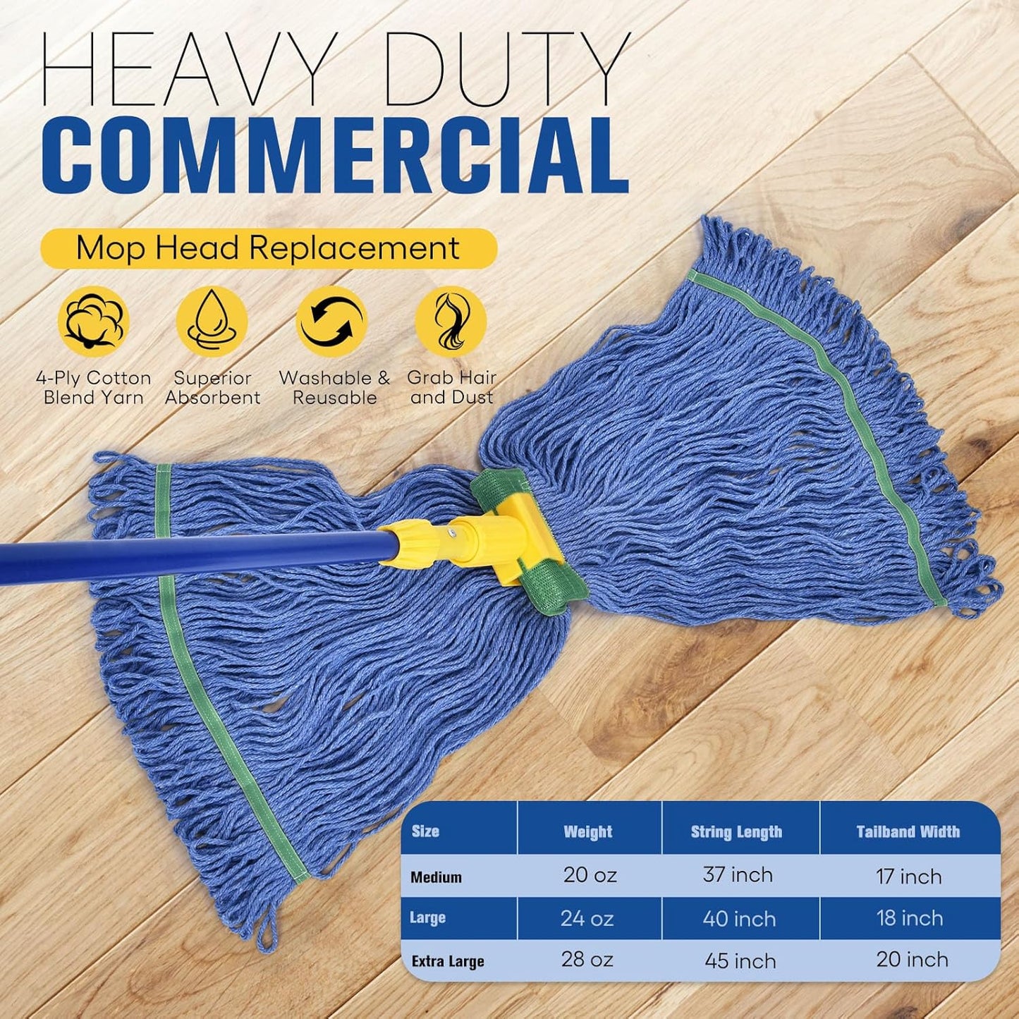 Matthew Cleaning Commercial Mop Head Replacement, 5 Inch Wide Headband, Looped End Cotton Blend String Wet Mops for Floor Cleaning, 18 oz Medium, Case Pack 12 Pcs Blue