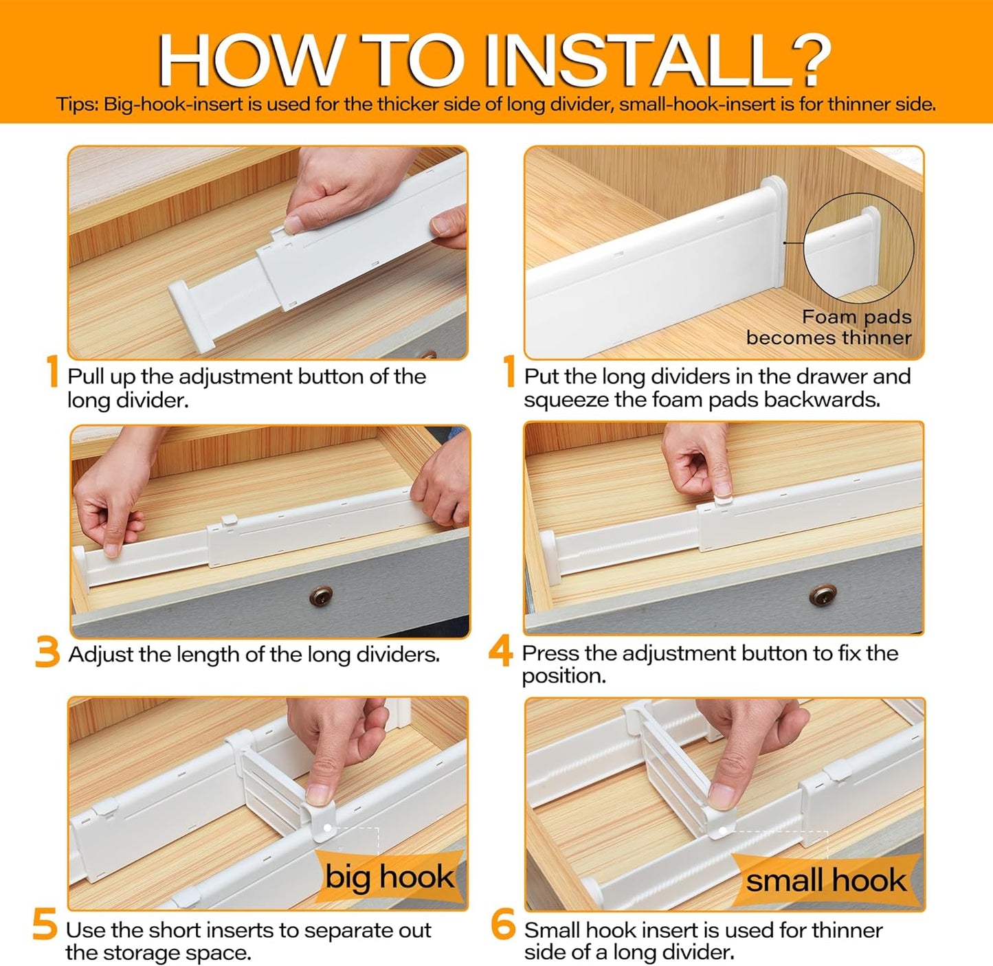 HiYZ Expandable Drawer Dividers with Inserts, Large Kitchen Utensils Drawers Divider, 2.36" High Adjustable Drawer Organizers Separators for Clothing,Kitchen Utensils,Tools,8 Dividers with 16 Inserts