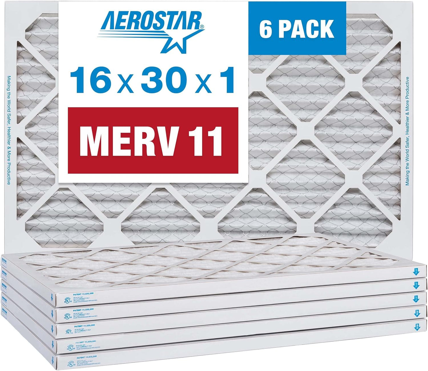 Aerostar 16x30x1 MERV 11 Pleated Air Filter, AC Furnace Air Filter, 6 Pack (Actual Size: 15 1/2" x 29 1/2" x 3/4")