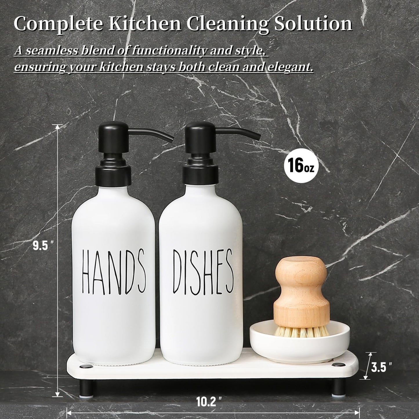 MOMEEMO White Soap Dispenser Set Comes with Stainless Steel Pumps, Instant Dry Tray, and Dish Scrub Brush, Suitable for Kitchen Accessories and Farmhouse Decor. (White)