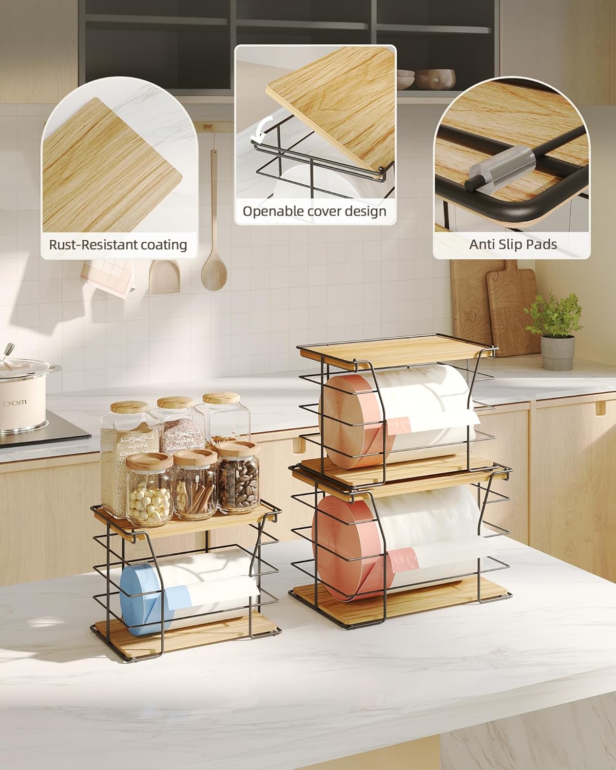 3 Pack Trash Bag Holder/Dispenser, Stackable Storage Laundry Kitchen Organizers for Countertop Organization, Wall Mount Garbage Bag Dispenser with wooden Top, No Drill
