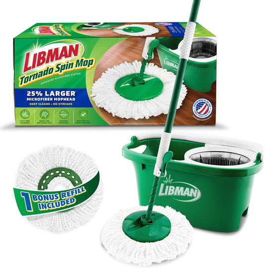 Libman Tornado Spin Mop System, Spinning Floor Mopping and Bucket with Wringer Set for Home, Hardwood, Laminate, Tile Cleaning, Includes 1 Machine Washable Replacement Head Refills (2 Total)