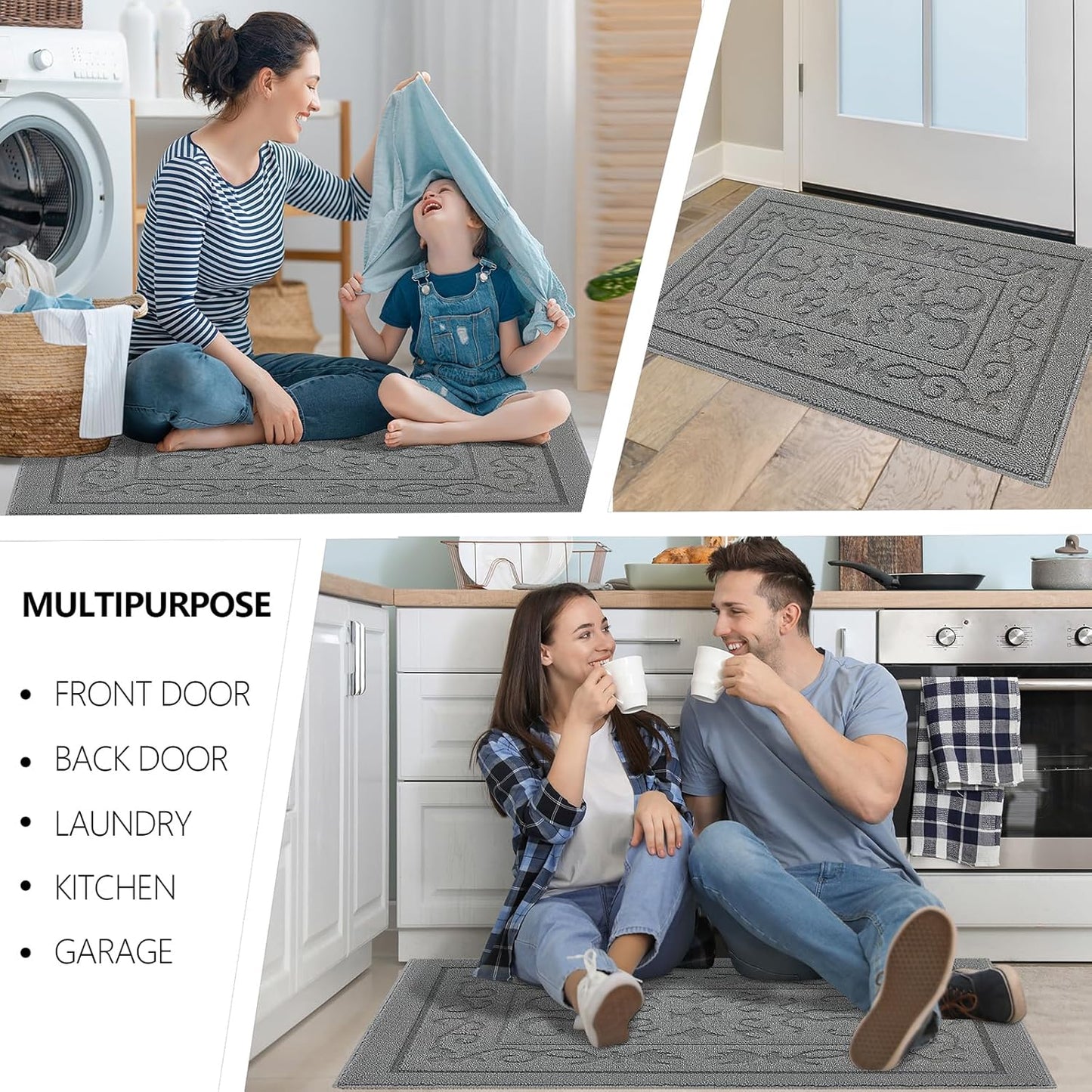 FONEYI Indoor Door Mat 32" x 48", Dirt Trapper Door Mats Non-Slip Entryway Rugs Washable, Absorbent Resist Dirt Welcome Mat, Low Profile Inside Floor Mats for Front Back Door and Entryway, Light Grey