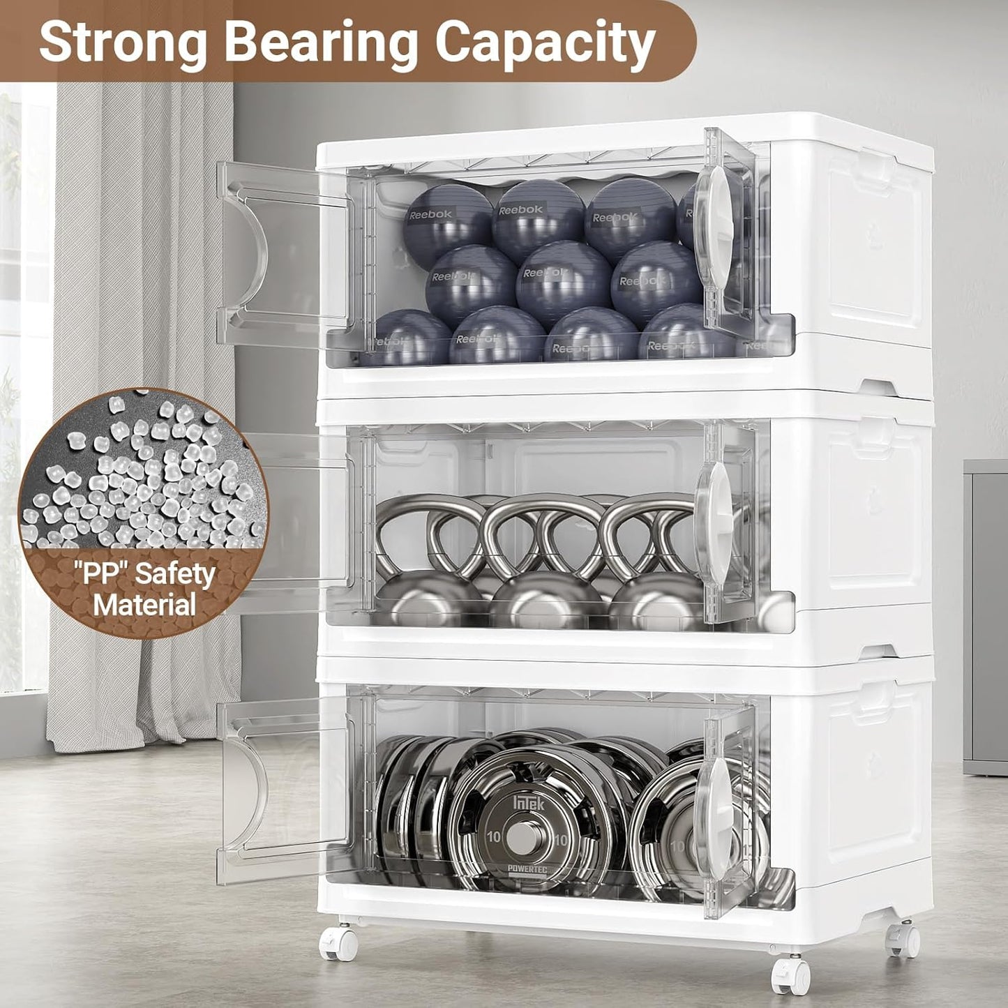 BROVIEW 360Qt Lockable Stackable Storage Bins with Lids, Closet Organizers and Storage Drawer, Collapsible Storage Bin with Wheels, Plastic Cabinet for Toy Clothes Dorm Organizer, V9 3 Pack White