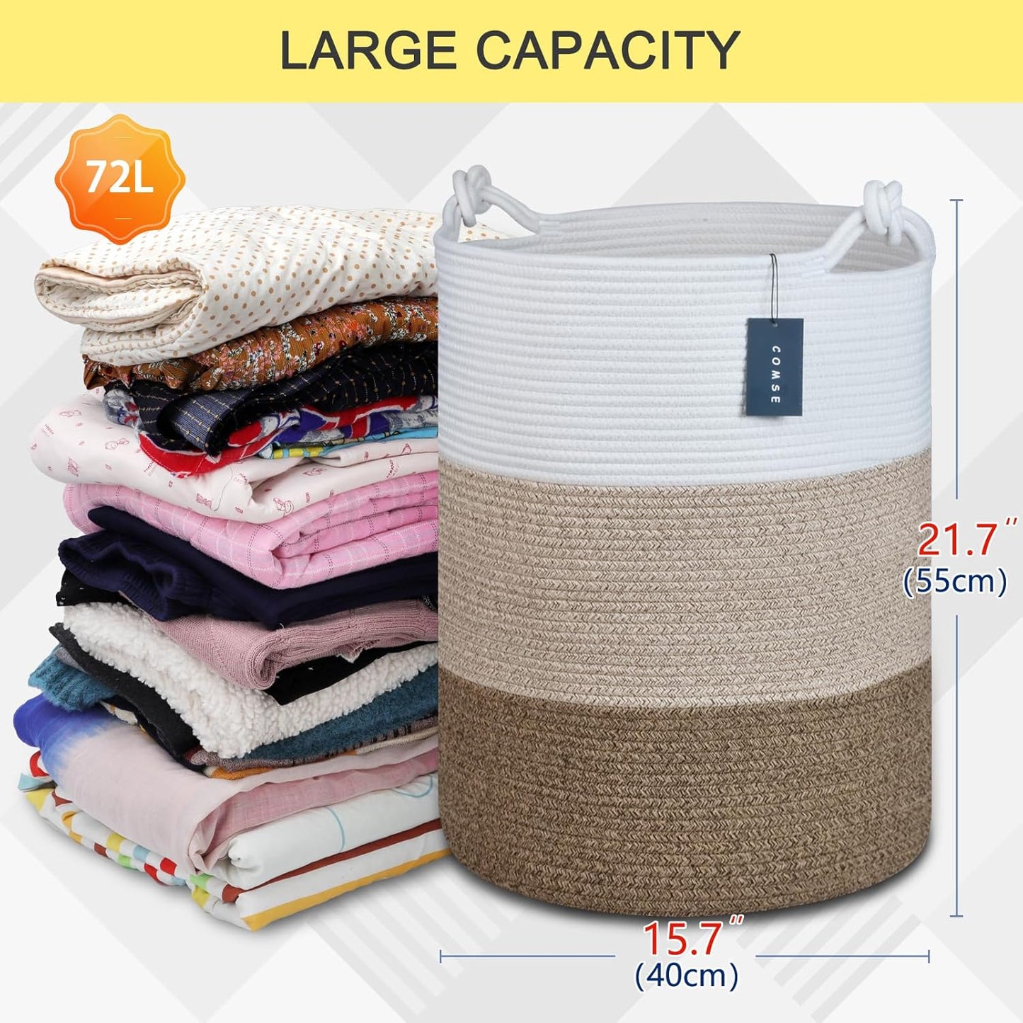 COMSE Extra Large Blanket Basket, Tall Woven Storage Basket, Nursery Hamper, 15.7”x 21.7”, Cotton Rope Laundry Hamper for Toys Clothes Towels, White/Gradient Brown