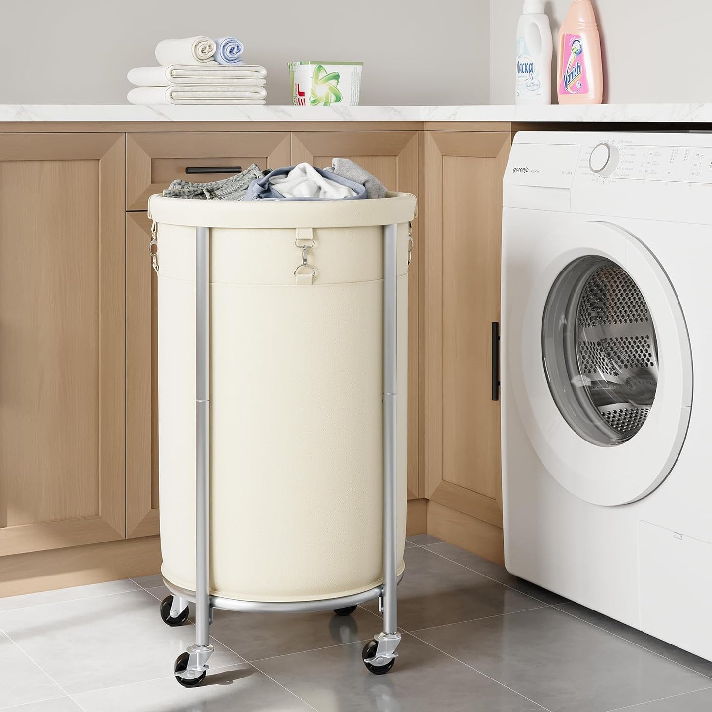 ELYKEN Laundry Hamper with Wheels, 110L Rolling Laundry Basket, Round Laundry Cart with Steel Frame and Removable Bag, 4 Casters and 2 Brakes, Dirty Clothes Hamper for Hotel, Home, Closet, Dorm, Cream