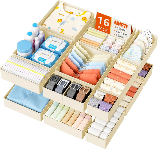 DIMJ Drawer Organizer Clothes - 16 Pack Baby Dresser Organizer for Nursery, Foldable Drawer Organizer Bins for Closet Bedroom Organization, Fabric Clothes Storage Dividers for Underwears, Socks, Bras