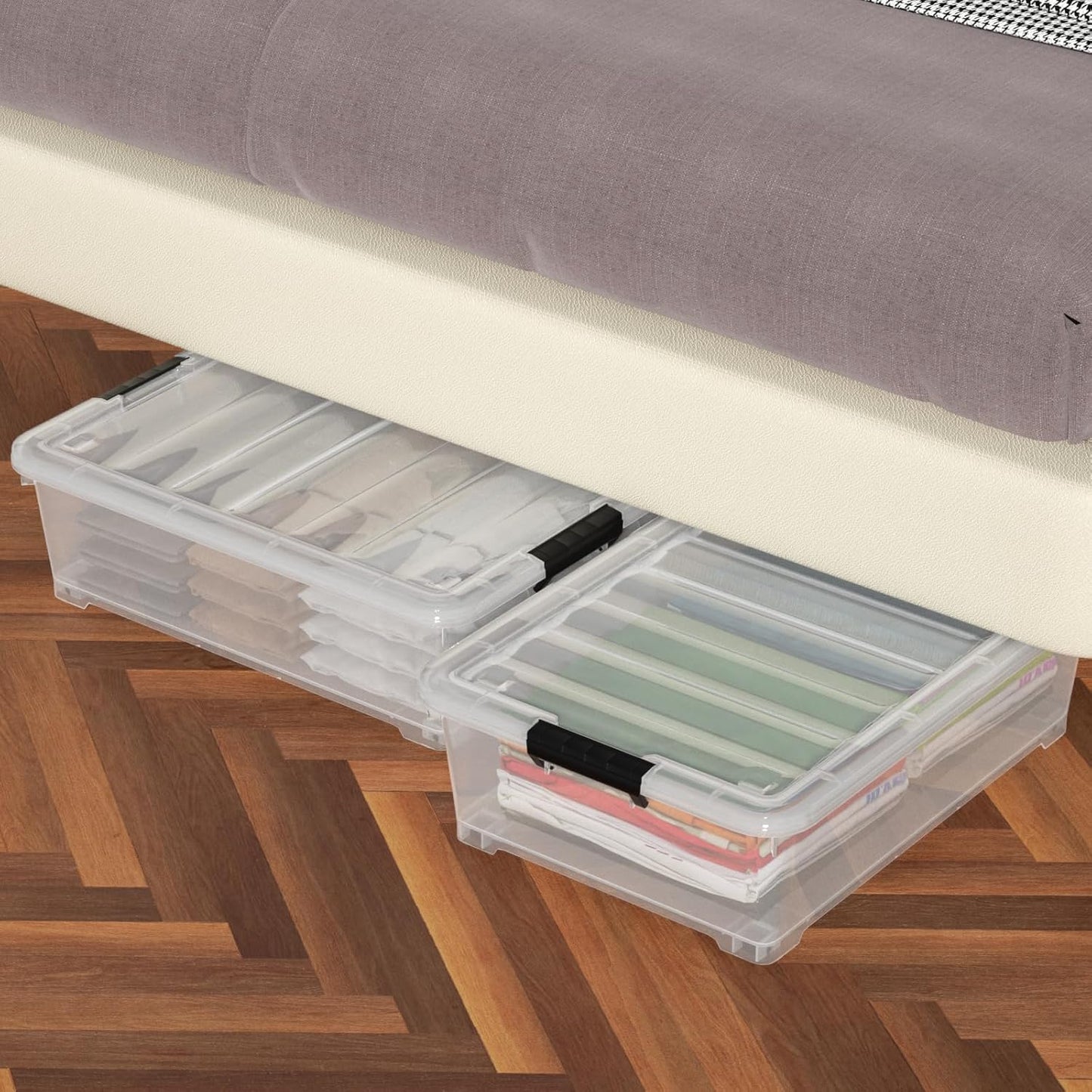 25 Quart Clear Under Bed Storage Container with Wheels, 4 Packs Stackable Plastic Underbed Bin with Lid