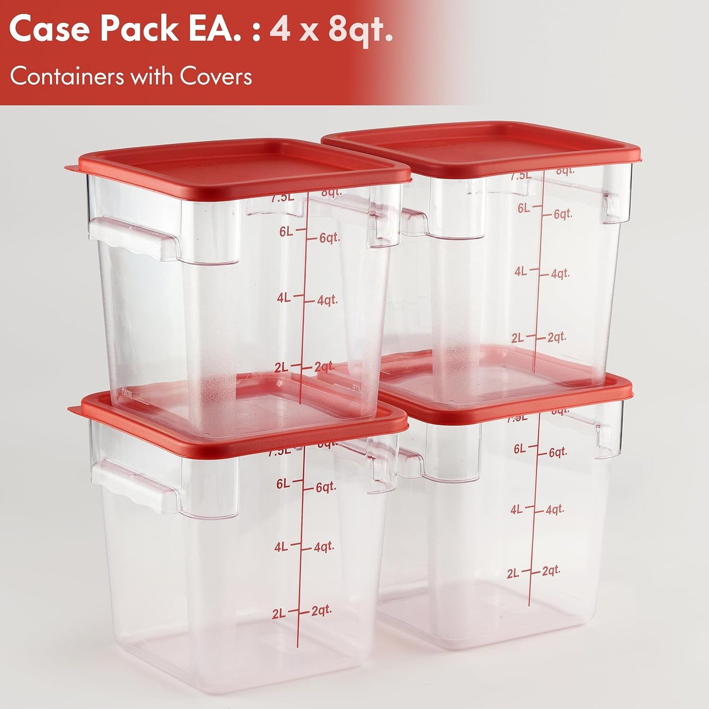 CURTA 4 Pack Food Storage Container with Red Lid - NSF Listed Commercial Grade in 8.0 Qt - Square, Clear, Polycarbonate