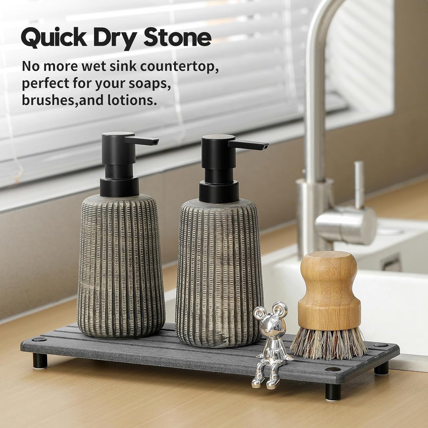 Instant Dry Sink Caddy Kitchen Sink Organizer, Quick Drying Stone Tray Diatomite Sponge Holder Soap Dish, Bathroom Countertop Fast Dry Water Absorbing Vanity Rack, Dark Gray,12" x 5"