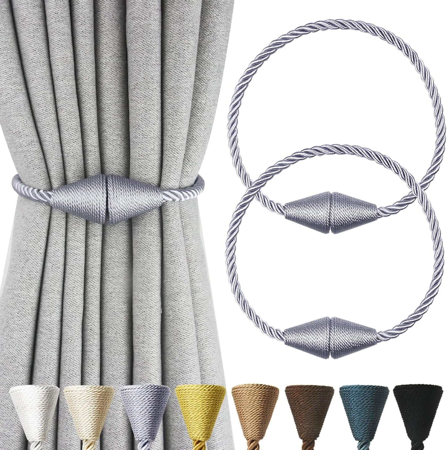 2 Pack Magnetic Curtain Tiebacks Rope Modern Handmade Curtain Tie Backs Decorative Drapes Weave Holdbacks for Window Décor, Grey