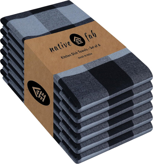 Native Fab 6 Pack Buffalo Check Kitchen Dish Towels, Cotton, Durable, Washable 16"x26" - Tea Towel, Soft Absorbent Cleaning Towels, Hand Towel with Hanging Loop - Black, Grey
