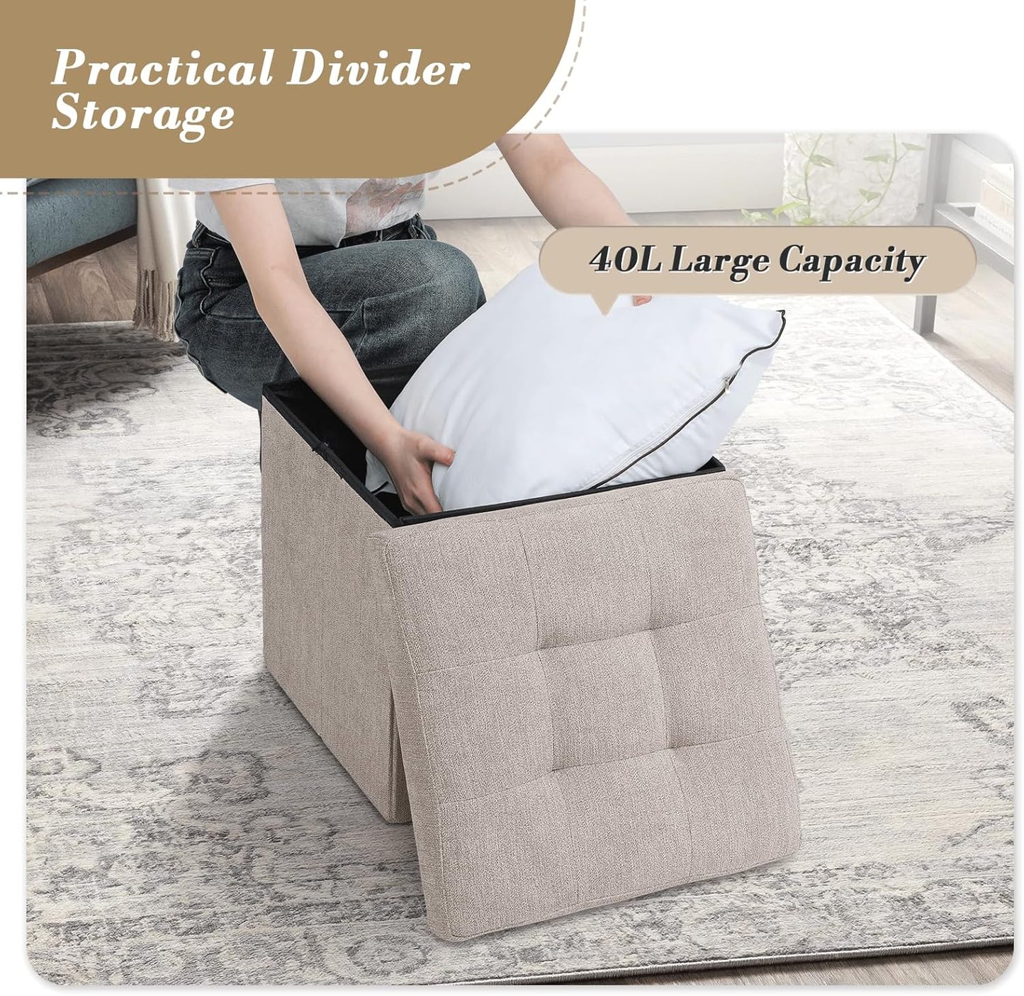 Athena Collection 15" Storage Ottoman Bench Folding Bench with 40L Hidden Storage, Small Cube Ottoman Linen Foot Rest Stool Chest with Flipping Lid for Living Room, Bedroom, Entryway, Sandy Beige