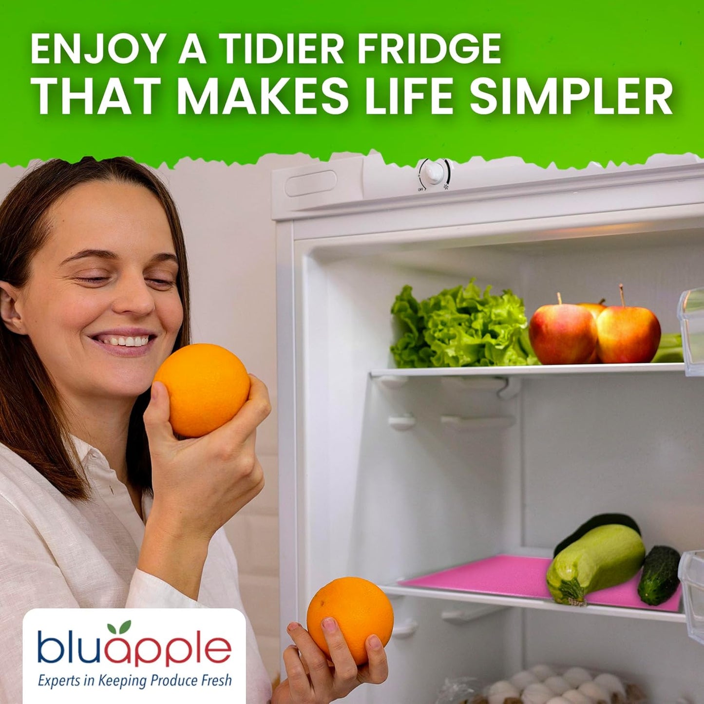 Bluapple FreshMats, Refrigerator Bin Liner, Fridge Drawer Mats, Crisper Life Extender Liner Keeps Produce Fresh Longer, Anti-Bruising, Helps Air Circulation, Washable & Reusable (4-Mats, 12x15, Pink)