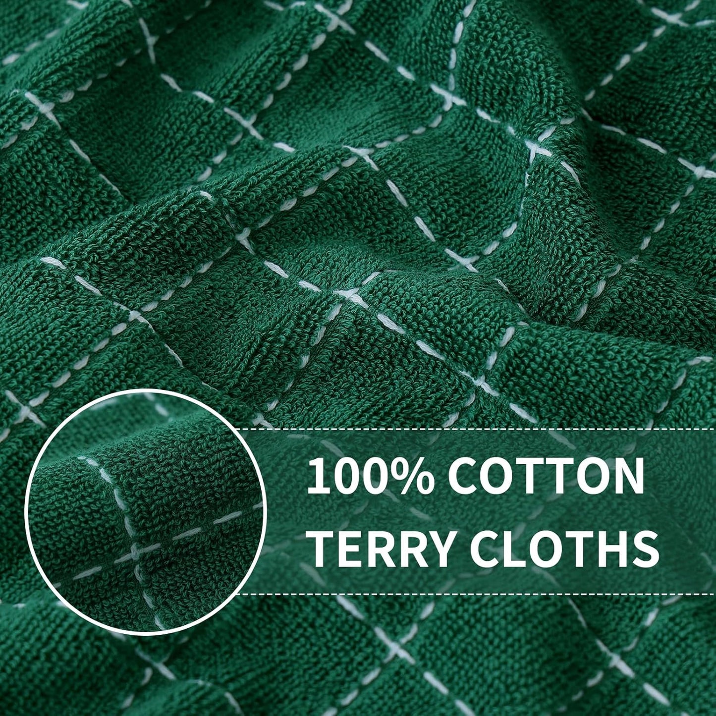 Homaxy 100% Cotton Terry Kitchen Towels(Dark Green, 13 x 28 inches), Checkered Designed, Soft and Super Absorbent Dish Towels, 6 Pack