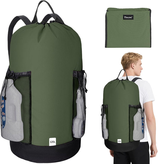 BALEINE 120L Laundry Bag Backpack, 900D Oxford Fabric Large Travel Laundry Bags with Shoulder Straps and 2 Mesh Pockets for College Dorm, Apartment, Laundromat (Green, 120L)